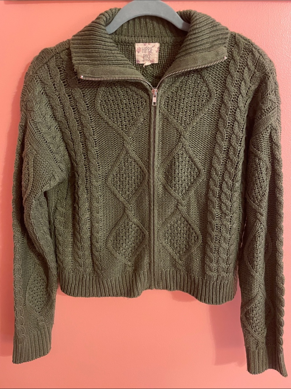 Hippie Rose Olive Green Cable Zip Cardigan